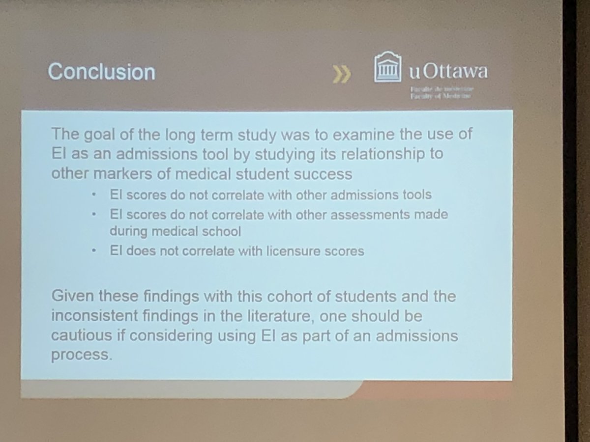 vicki_leblanc's tweet photo. Tim Wood explores whether emotional intelligence tests predict performance at licensure: The results suggest not. Triggered good discussion around whether EI could be linked with other aspects such as inter-personal skills / wellness instead. @DIME_uOttawa #MMDay2018 https://t.co/WWsNK2cxcJ