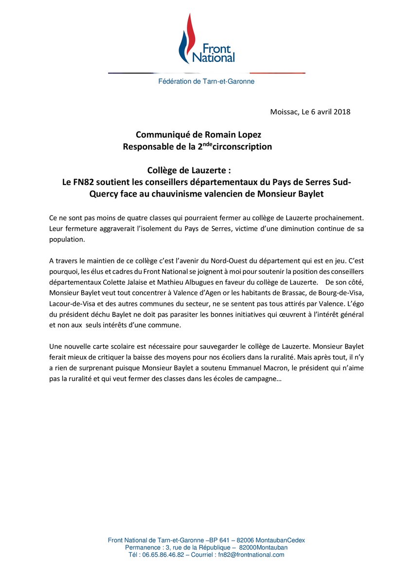 RLZ82's tweet photo. Collège de #Lauzerte
"Le #FN82 soutient les conseillers départementaux du Pays de Serres Sud-Quercy face au chauvinisme valencien de @JMBaylet
Mon communiqué
#TarnetGaronne https://t.co/1BNIWa2Yds