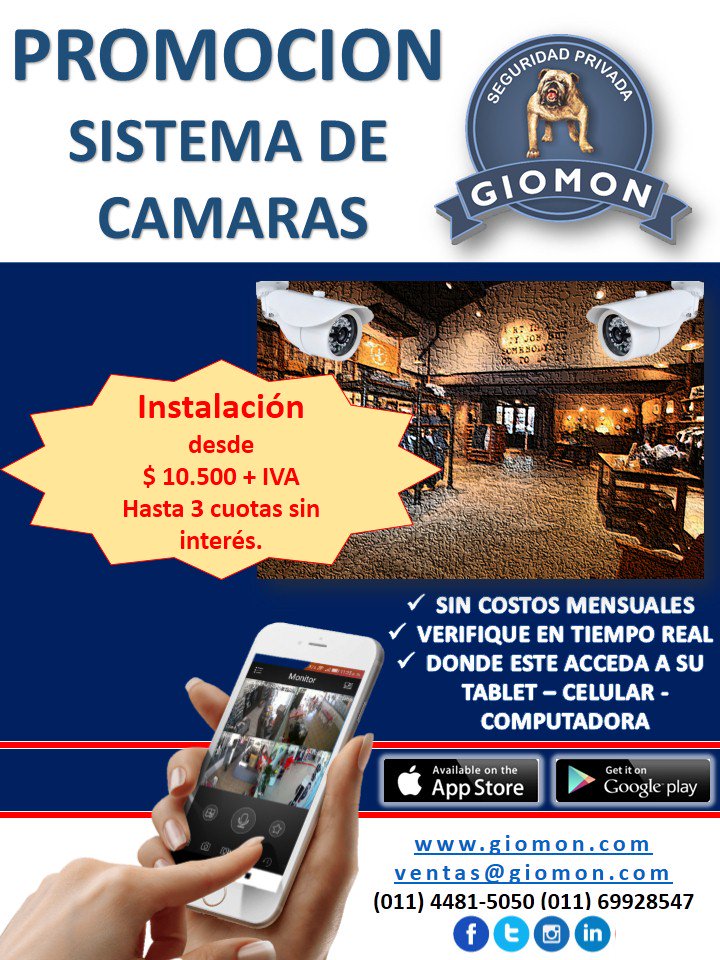 GiomonSeguridad's tweet photo. Promoción Abril 2018 - INSTALACIÓN DE SISTEMA DE CCTV desde $ 10.500 + IVA - 3 Cuotas sin interés.
Ante cualquier consulta no dude en comunicarse con nosotros al 11-69928547 o enviar un mail a alejandra.d@giomon.com https://t.co/4DKxVrUIGy