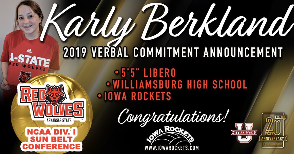 IowaRockets's tweet photo. A huge congrats to @KarlyBerkland04 on her commitment to @AStateVB ! We are so proud of you!! #ncaa #astate #2019 #libero https://t.co/6VuPMyj1yy