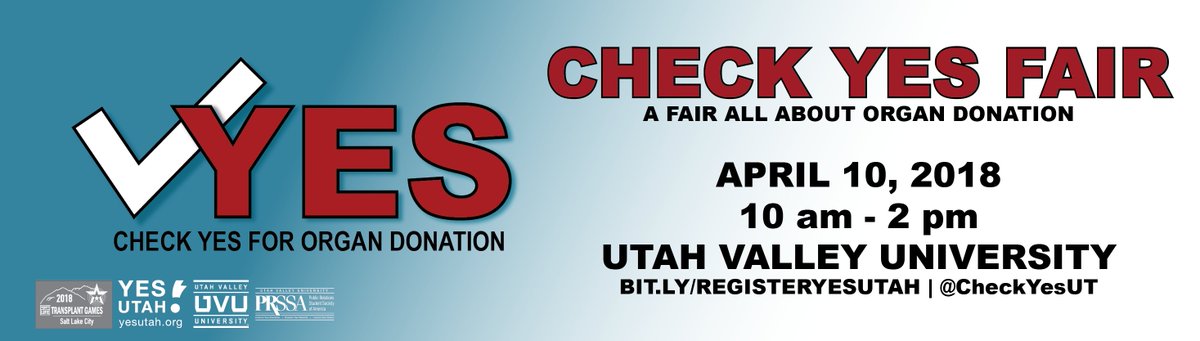 UVUcomm's tweet image. Our @UVUPRSSA students present the #CheckYes Fair! April 10 from 10a-2p at @UVU! Free @Sodalicious cookies and support for #OrganDonation