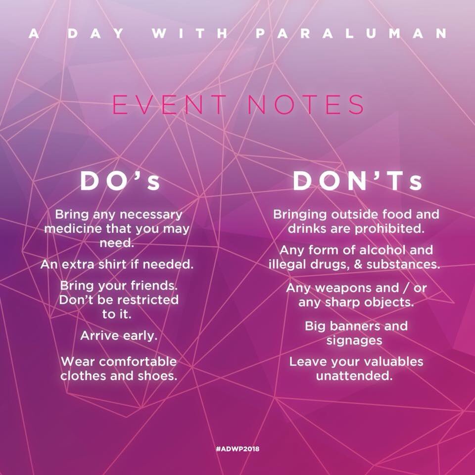 PRLMNOfficial's tweet photo. While weโre all excited for today, here are some few reminders and things to bring! ๐
Tickets and merch are available at the venue. Message us for more details. See you all later! โฎ๏ธ
#ADayWithParaluman #DinigSaTengaTagosSaPuso https://t.co/t6PUZH7Vk8