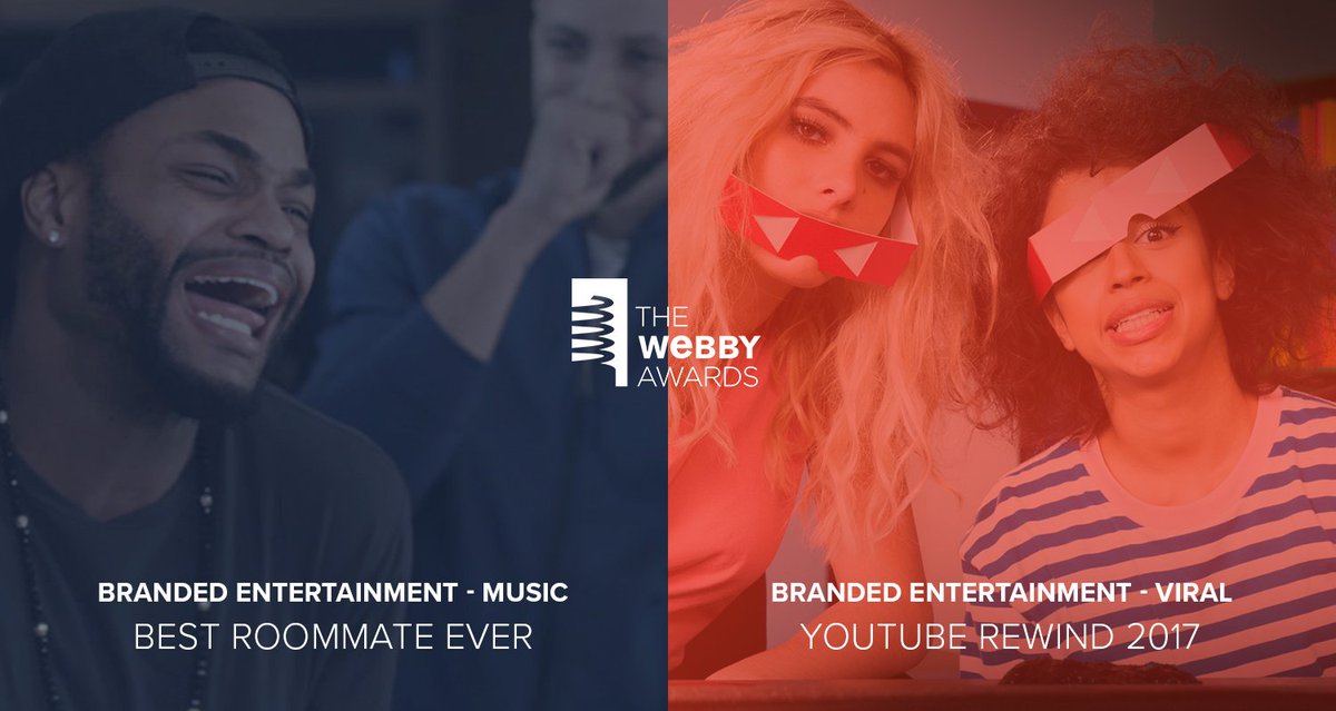 ‼️🏅 🎉 🏆 We’re nominated for two #Webbys this year! 

Thank you <a href="/TheWebbyAwards/">The Webby Awards</a> for recognizing #YouTubeRewind 2017 and our Best Roommate Ever campaign with <a href="/BritaUSA/">Brita USA</a> as best in class in Branded Entertainment. 

Vote here:

bit.ly/MusicWebbys 
bit.ly/ViralWebbys
