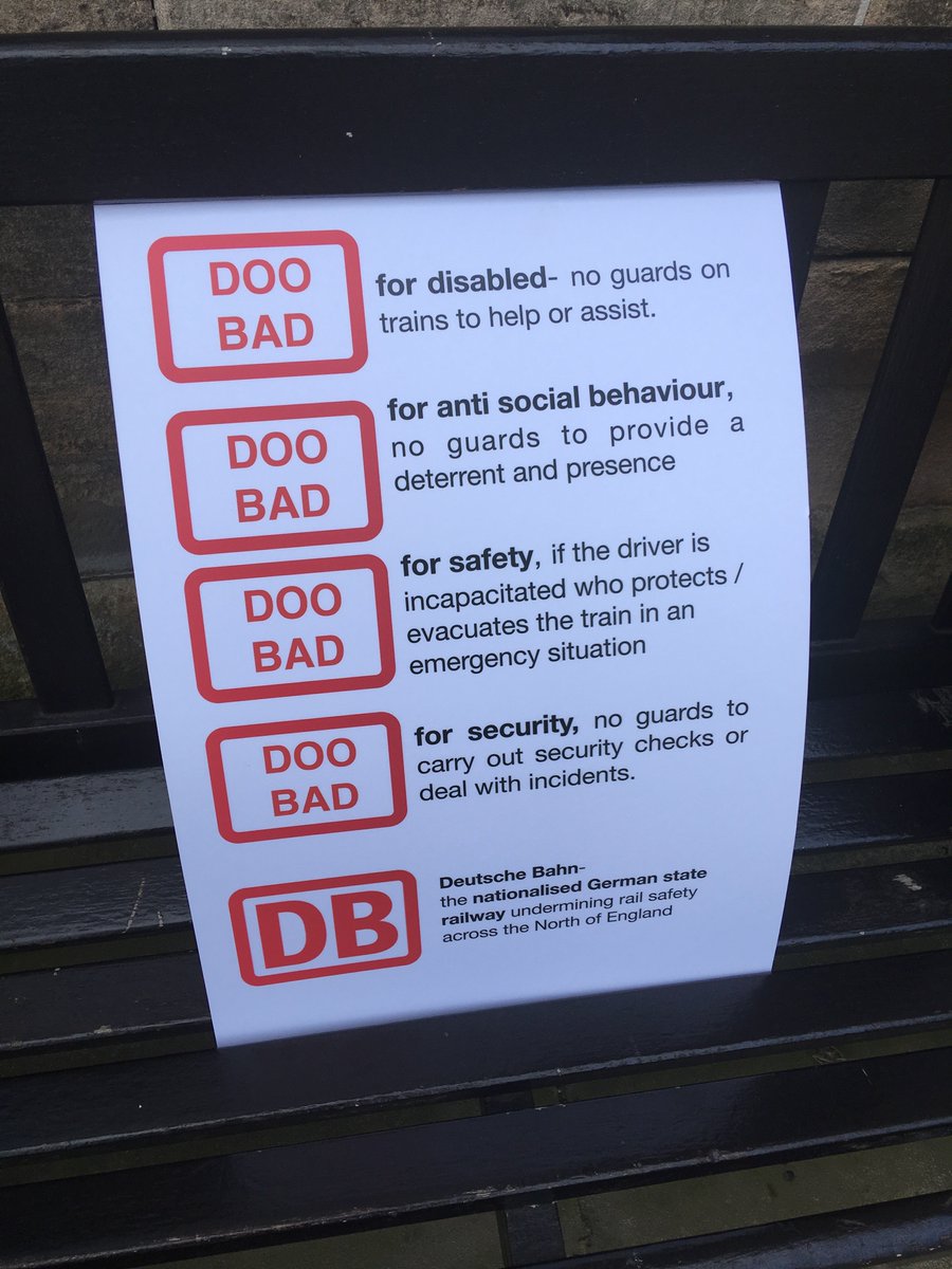 RMTNRC's tweet photo. Message to Deutsche Bahn running the Arriva Rail North franchise couldn't be clearer. Great people of the North don't want to say auf wiedersehen to guards. We've told DB that DOO is Bad. It's time they listened. Enter genuine tripartite talks with RMT / DfT. #NoDOO https://t.co/FPfgr8SIL8