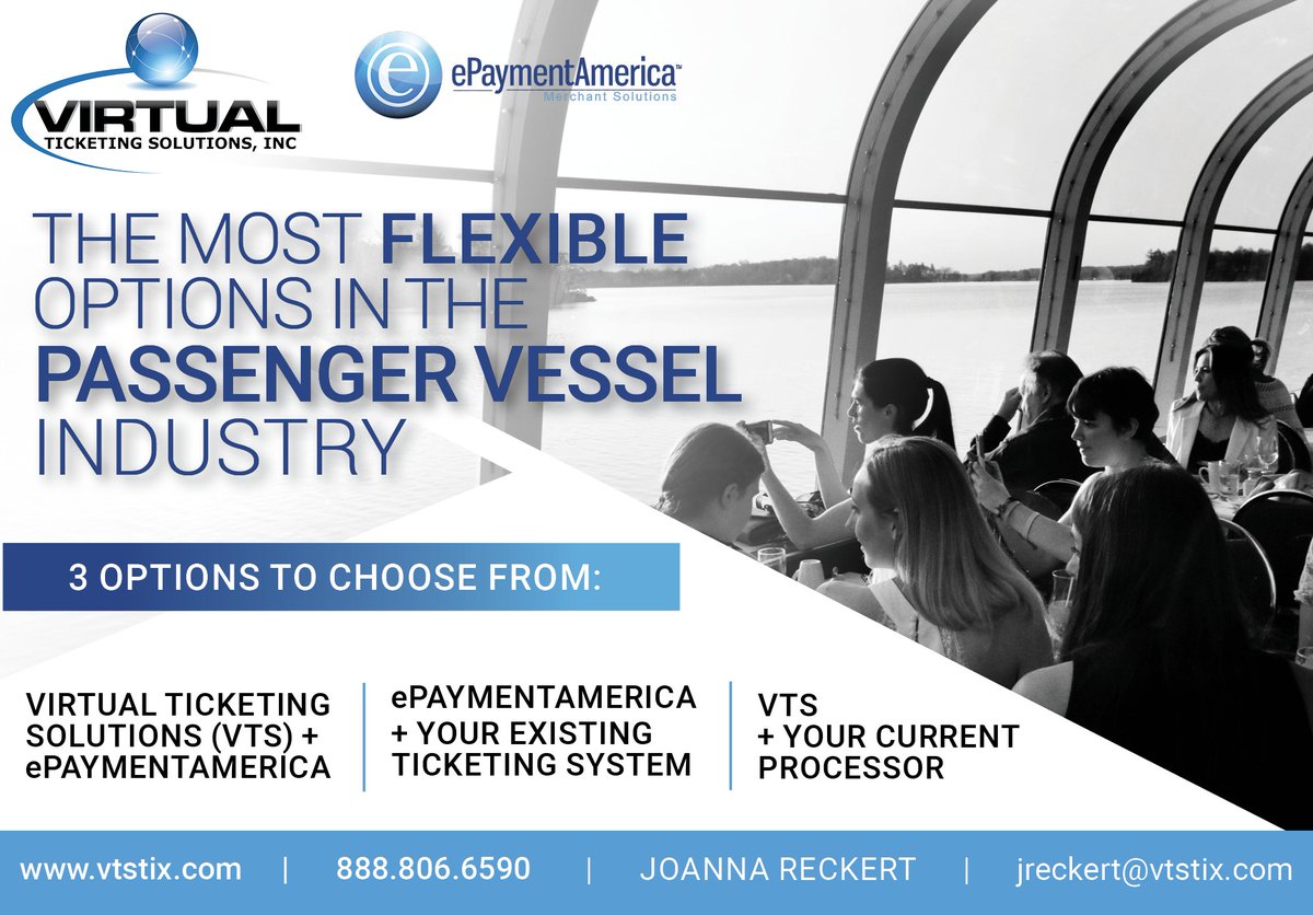 VirtualTicketer's tweet photo. With 3 customizable options to choose from, VTS has a passenger vessel operation solution for you. Give us a call or send us an email to learn more: 888-806-6590 , sales@vtstix.com #pva2018 #passengervessel #boatcaptains #boatoperator #riverboat #dinnercruise #ferryboat #trolly https://t.co/uPCWM8VqLc