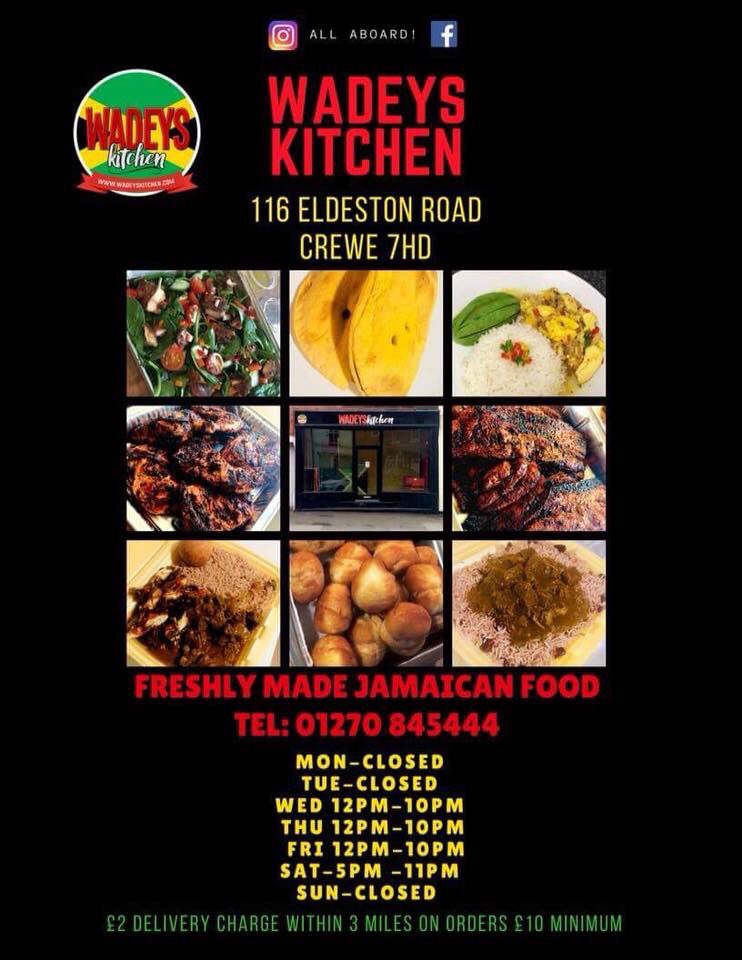 NewInCrewe's tweet photo. Wadeys Kitchen now open. 116 Eldeston Road. Jamaican Food #NewInCrewe https://t.co/ZXecfT5uEM