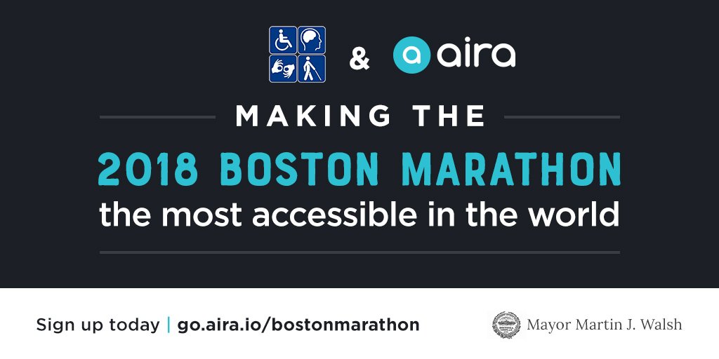 DisabilityBOS's tweet photo. The @CityOfBoston is partnering with @airaio to provide free remote sighted assistance for people who are blind or visually impaired during the Boston Marathon. https://t.co/JfXIVD4Wle https://t.co/ZL6VE2xs42