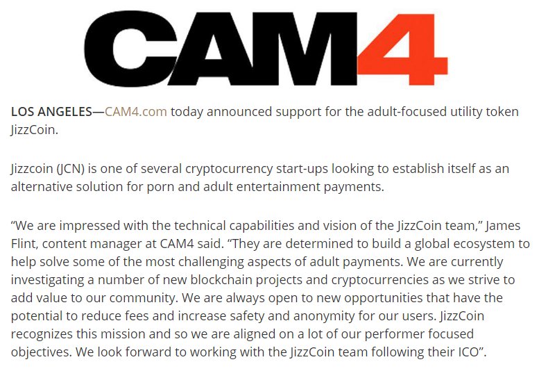 jizzcoins's tweet photo. (Los Angeles, CA – April 6, 2018) -- Award-winning live cam company, CAM4, today announced their support for the adult-focused utility token, JizzCoin.

Full press release
https://t.co/iwDf1QBcgh #jizzcoins #cam4 #altcoin #altcoins #blockchainnews #CryptocurrencyNews #airdrop https://t.co/hHjFkRNCg4