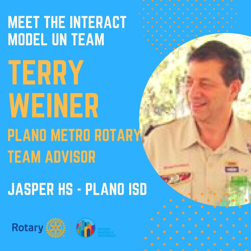 D5810Interact's tweet photo. Meet Terry Weiner, member of the Rotary Club of @PlanoMetro and Advisor to the @JasperJaguars MUN Team! He participated in Model UN as a teenager and looks forward to giving back to current @jasperinteract students through the process! #InteractMUN #InteractUN5810 #iamModelUN https://t.co/RurU4hOflJ