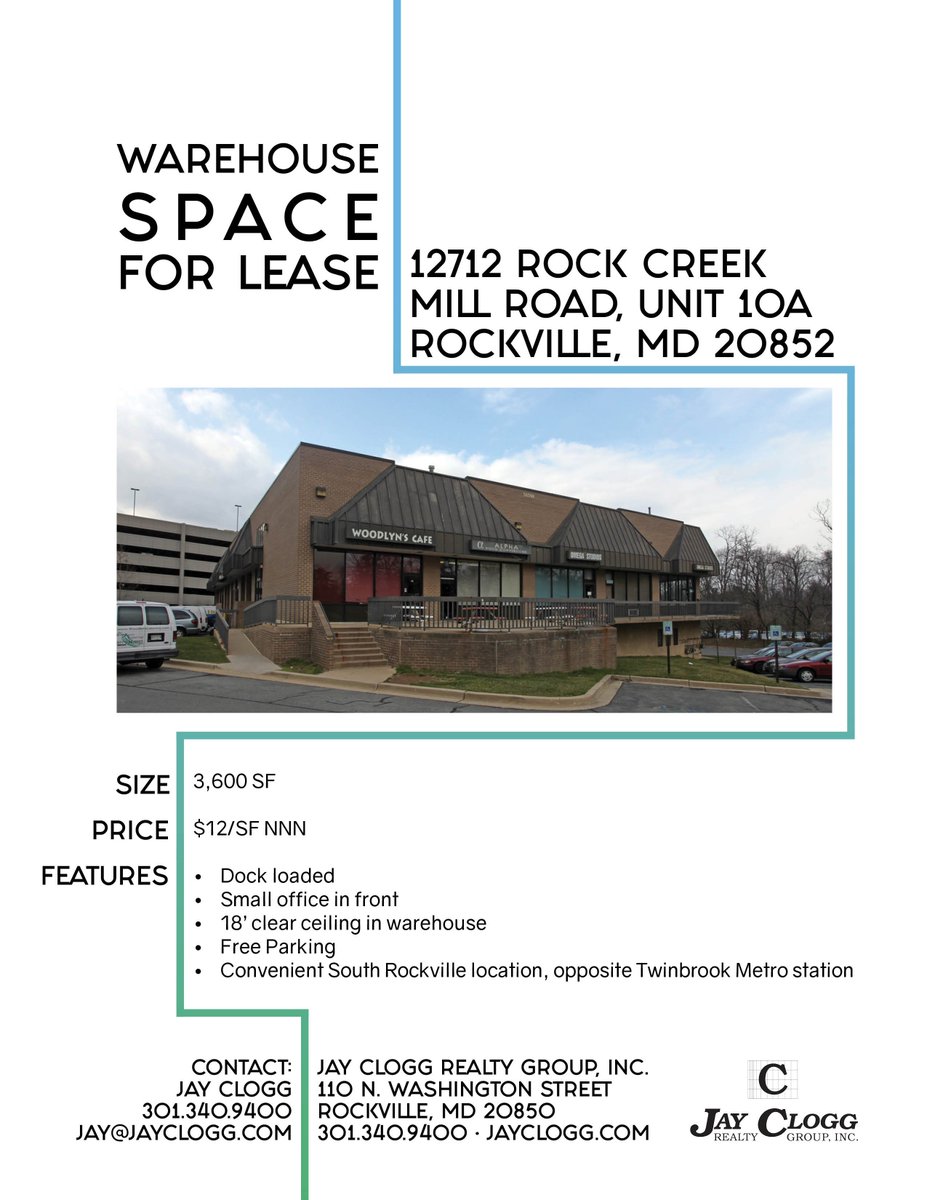 #Warehouse Space for #Lease in Rockville, Maryland ! 3,600 SF, Free Parking, Dock Loaded. Interested? Give Jay a call at 301-340-9400 or visit JayClogg.com for more #commercial spaces all across #Maryland #realestate #cre #commercialrealestate #dc #md #va #sell #buy