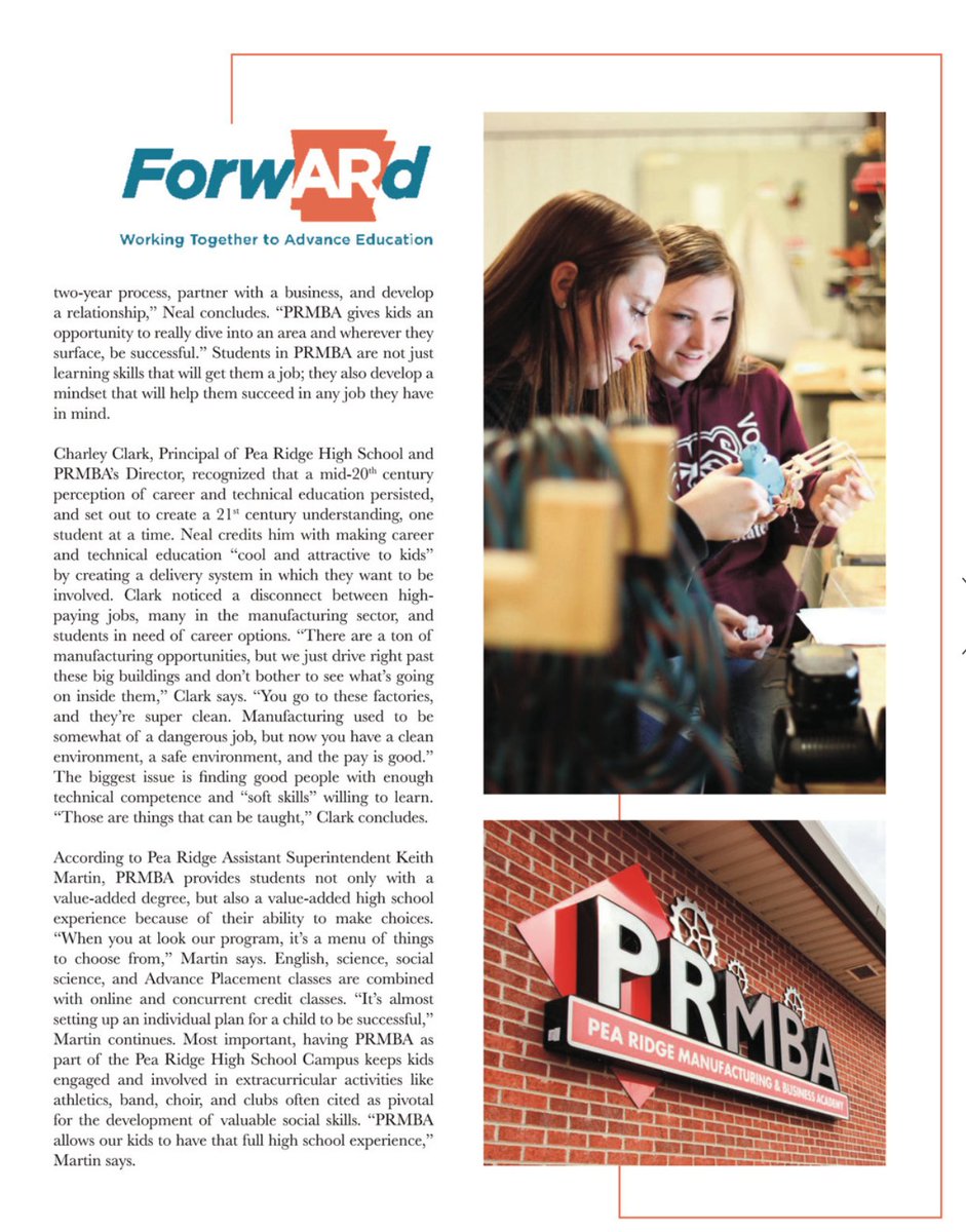 ExpectMoreAR's tweet photo. Check out the feature in @CelebrateMAG about the @ForwARdArkansas partnership with @PeaRidgeMBA_HS. The Pea Ridge Manufacturing & Business Academy is one example of how to #ExpectMoreAR by innovative approaches to #career & #college
Read the full article: https://t.co/ll7APZKuaM https://t.co/dQPMpyhVi4