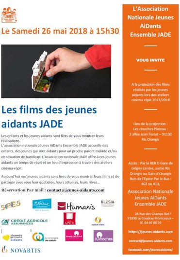JeunesAidants's tweet photo. Les #JeunesAidants vous attendent nombreux le 26 mai aux @cinoches Ă @VilleRisOrangis pour la projection de leurs films rĂ©alisĂ©s lors des ateliers cinĂ©ma-rĂ©pit #JADE session 2017/2018. Avec en plus des surprises #musicales cette annĂ©e! #SaveTheDate et nâoubliez pas de rĂ©server! https://t.co/iX7N8rI0Qc