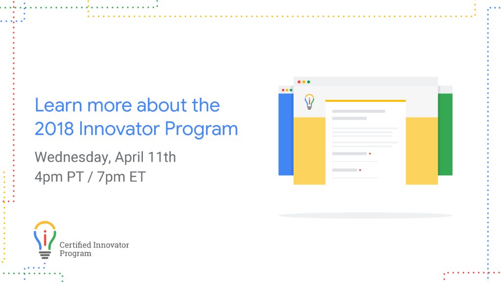 GoogleForEdu's tweet photo. Interested in applying to become an Innovator this year? Hear from #GoogleEI Innovators on Level 2 Certification tips, 90-second video ideas, and why you should become an Innovator in 2018. RSVP: https://t.co/PeExFWoRa9 https://t.co/YZOJJupe0Y