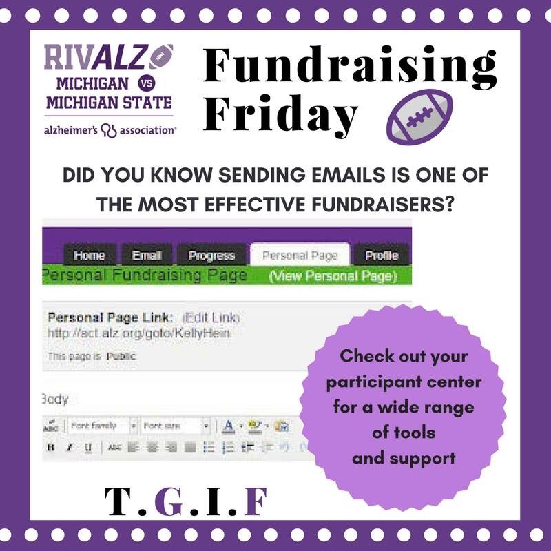 MI_RivALZ's tweet photo. Happy #FundraisingFriday! 
DID YOU KNOW SENDING EMAILS IS ONE OF THE MOST EFFECTIVE FUNDRAISERS?Check out your participant center for a wide range of tools and support. https://t.co/gYBv90GFQC     #ENDALZ #FridayFeeling #FundraisingFriday #Friday #Alzheimer #Recruiting #mi https://t.co/i89IaG3VuW