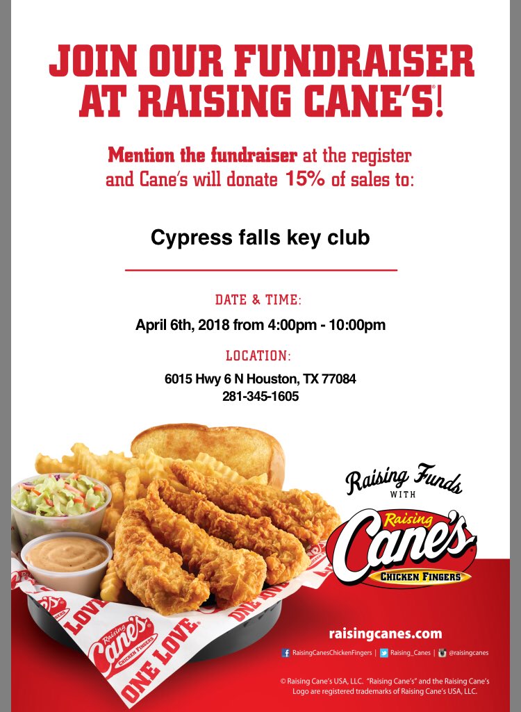 FallsKeyClub's tweet photo. stop by cane’s today and present this flyer at checkout! you will receive one hour for every $10 spent!!! https://t.co/UlJ0sfTqdU