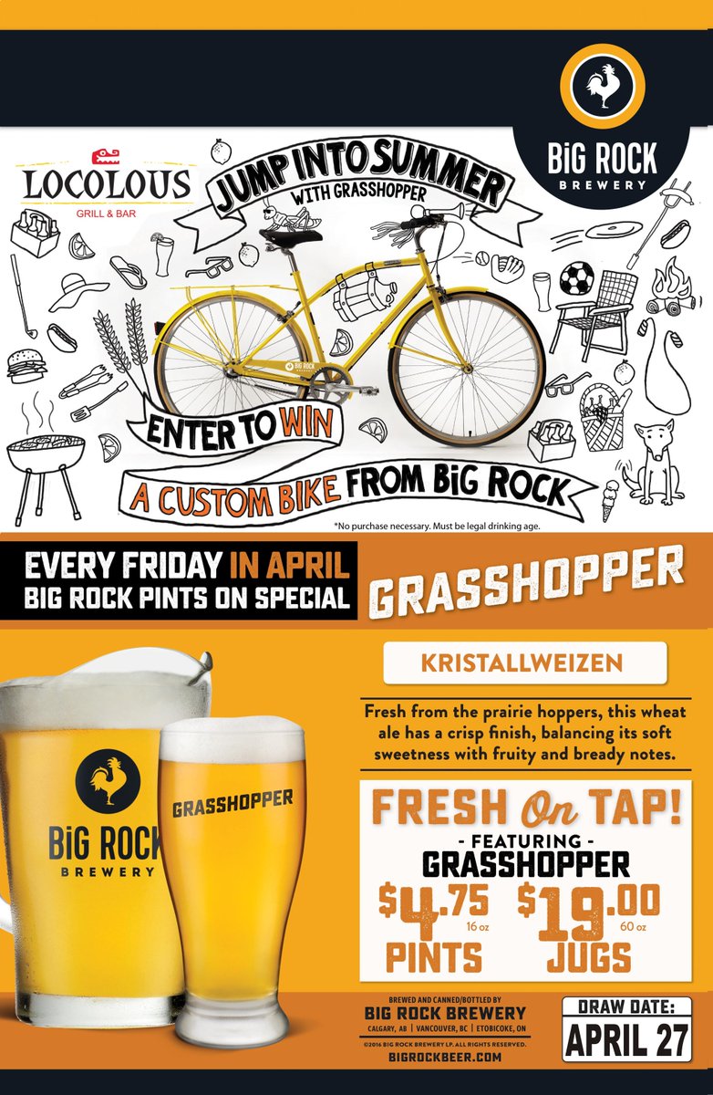 LocoLous's tweet photo. Come in today for a @BigRockBrewery pint or jug, and find out how you can win a sweet bike on April 27! #yyc #bigrock #beer #bike https://t.co/4moMoJiJgb