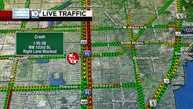 CRASH: I-95 SB & NW 103rd St. A right lane is blocked and delays are starting to build. #TRAFFIC #MIAMI https://t.co/0CWhtD8wff