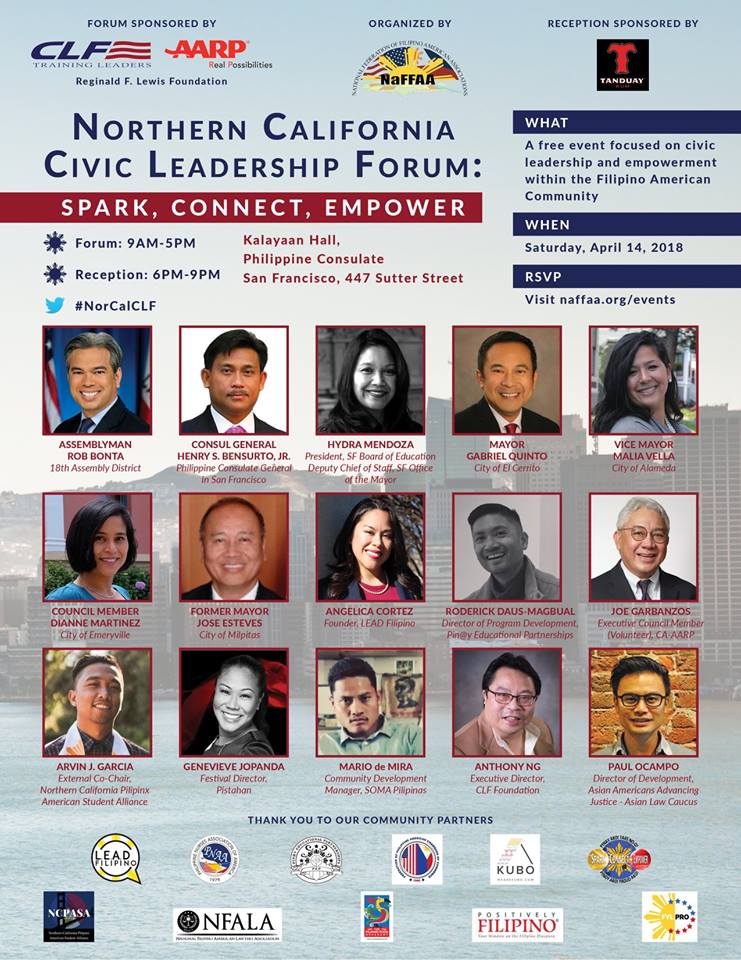 NFALA1's tweet photo. NFALA is excited to participate in the Northern California Civic Leadership Forum organized by @NaFFAA_National and taking place on Saturday, 4/14 at the Philippine Consulate General in #SanFrancisco! If you would like to attend, please RSVP at https://t.co/Ky3dlY6dPM #NorCalCLF https://t.co/r1cvTEhMSm