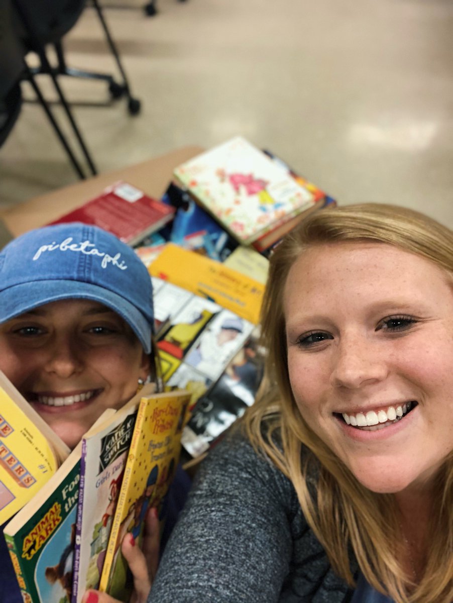 KSUCollegeofEd's tweet photo. Kappa Delta Pi's Addison Niehaus &amp; Megan Mueting are having tons of fun taking inventory of the books donated to KDP for the Ogden Elementary book drive. You can donate online @clubs.scholastic.com (GVZZ3) or bring them to Open House! @KDP_KSU @MeganMueting1 @Addison__Kay https://t.co/sePppzyodo