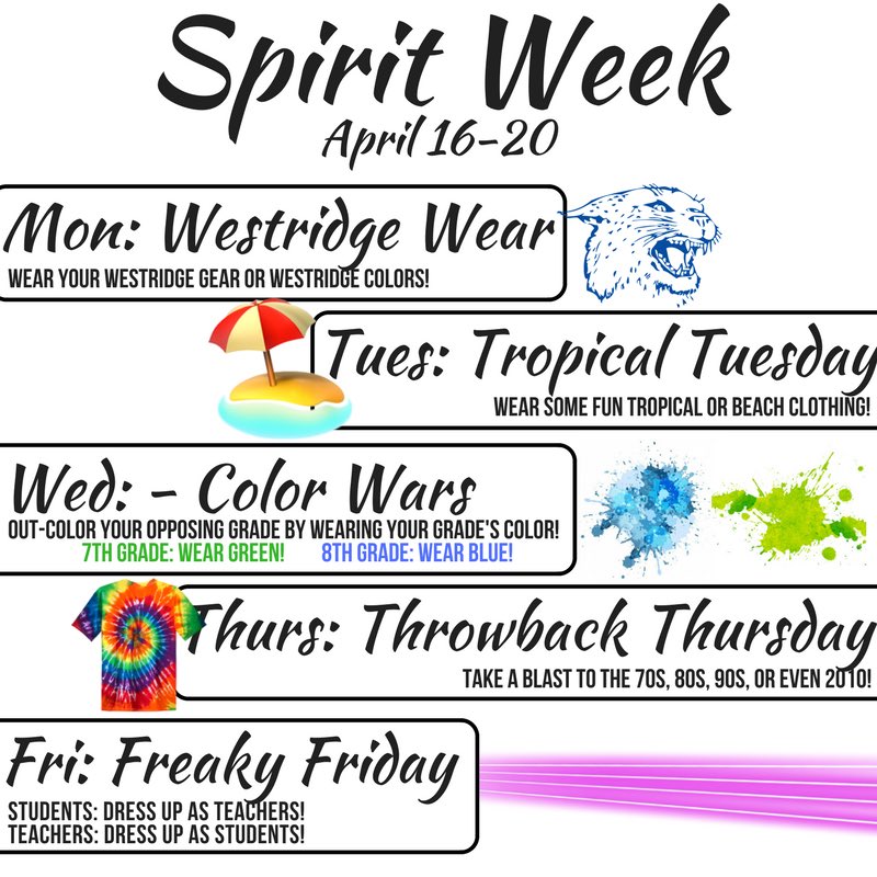 wr_stuco's tweet photo. @WRidgeMS Spirit Week will take place April 16-20! Here are the themes! #WhateverItTakes https://t.co/WojYQ7yrYT