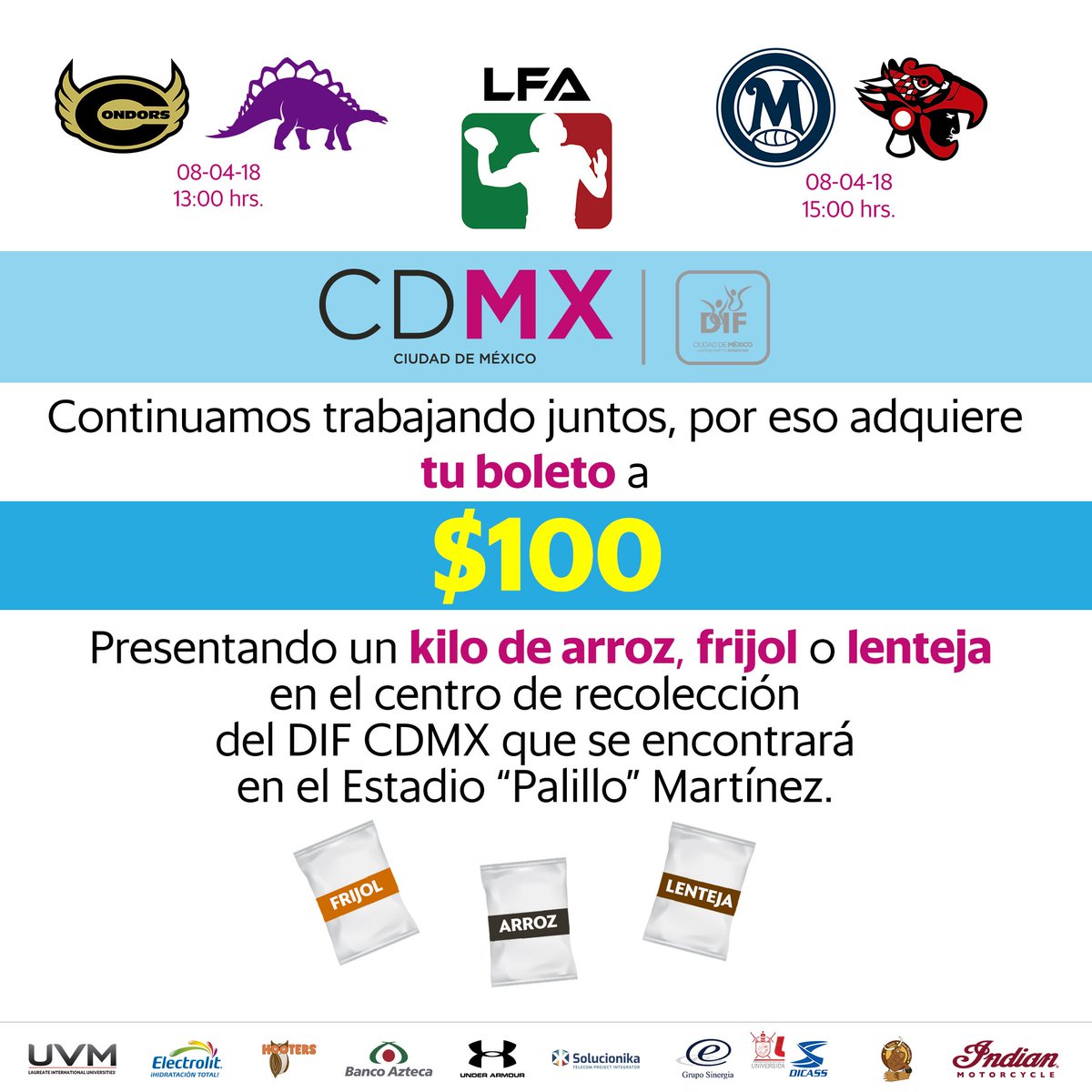 LFA_Mex's tweet photo. Gracias al trabajo conjunto de la #LFA y el @DIFCDMX puedes obtener tu boleto a precio especial para el juego @CondorsLFA vs @DinosLFA  o el de @MayasLFA vs @MexicasLFA https://t.co/B6g9F2Qb9V