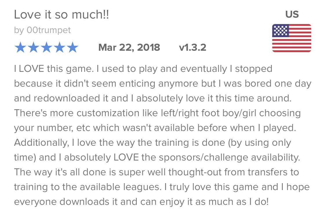 biglime's tweet photo. It’s always welcoming to read such high praise reviews. Especially when players choose to give our games another go. #gamedev #indiedev #tinystriker #soccer #football #appstore #app https://t.co/WpJxTi97LP