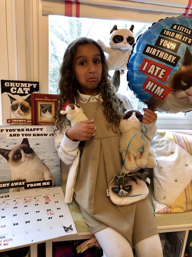 Can my #GrumpyCat obsessed daughter get a shoutout from @RealGrumpyCat for her 9th #birthday today? She’s grumpy that her b-day is 2 days off of Grumpy’s. #crazycatgirl #cats