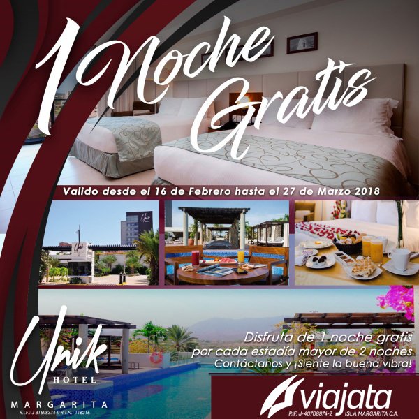 viajata's tweet photo. Del 1ero al 30 de abril Disfruta de 1 noche gratis a partir de la 2da noche de alojamiento, en @UnikHoteles Consulta con nosotros!!! #descanso #relax #viaje #margarita #playa #sol #valencia #maracay #caracas #merida #sancristobal #maturin https://t.co/swU2ASqNVJ