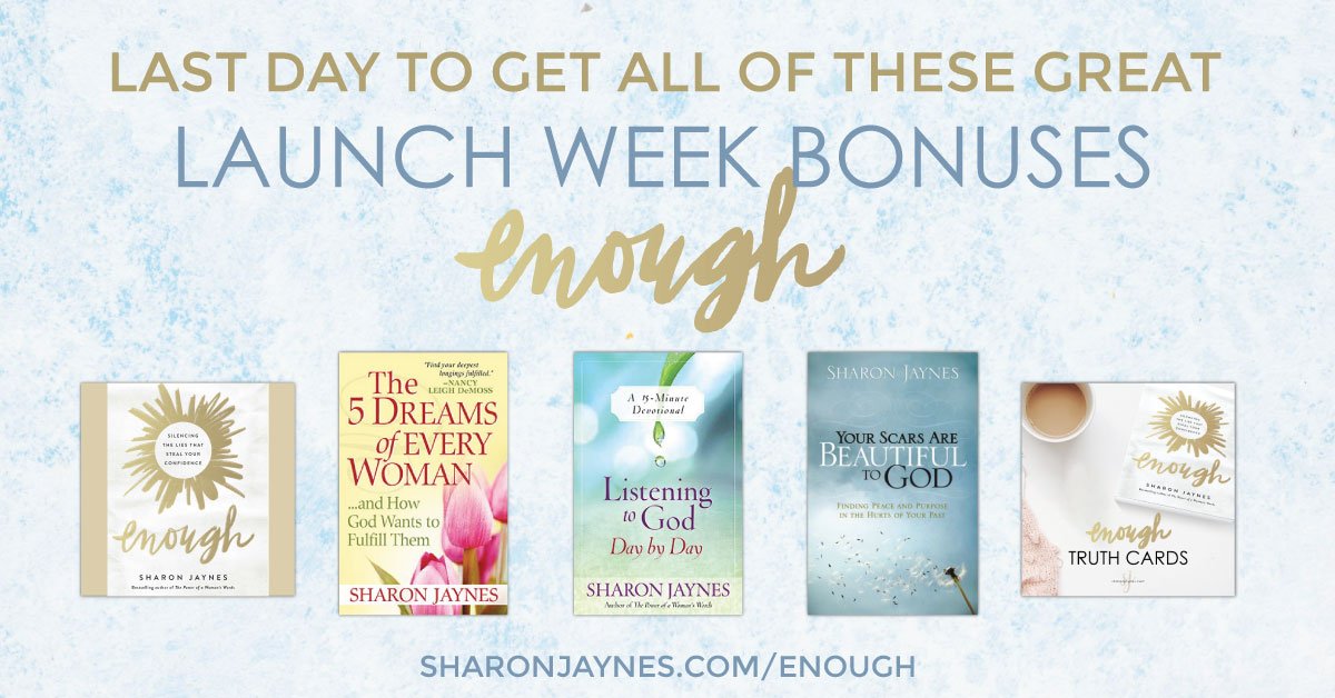 Only 6 hours left to claim your #freebies! 2 easy steps: 1)Order #enoughbook Enough from any retailer and 2)Register at sharonjaynes.com/enough to receive 3 free ebooks and more! bit.ly/2DI1zur