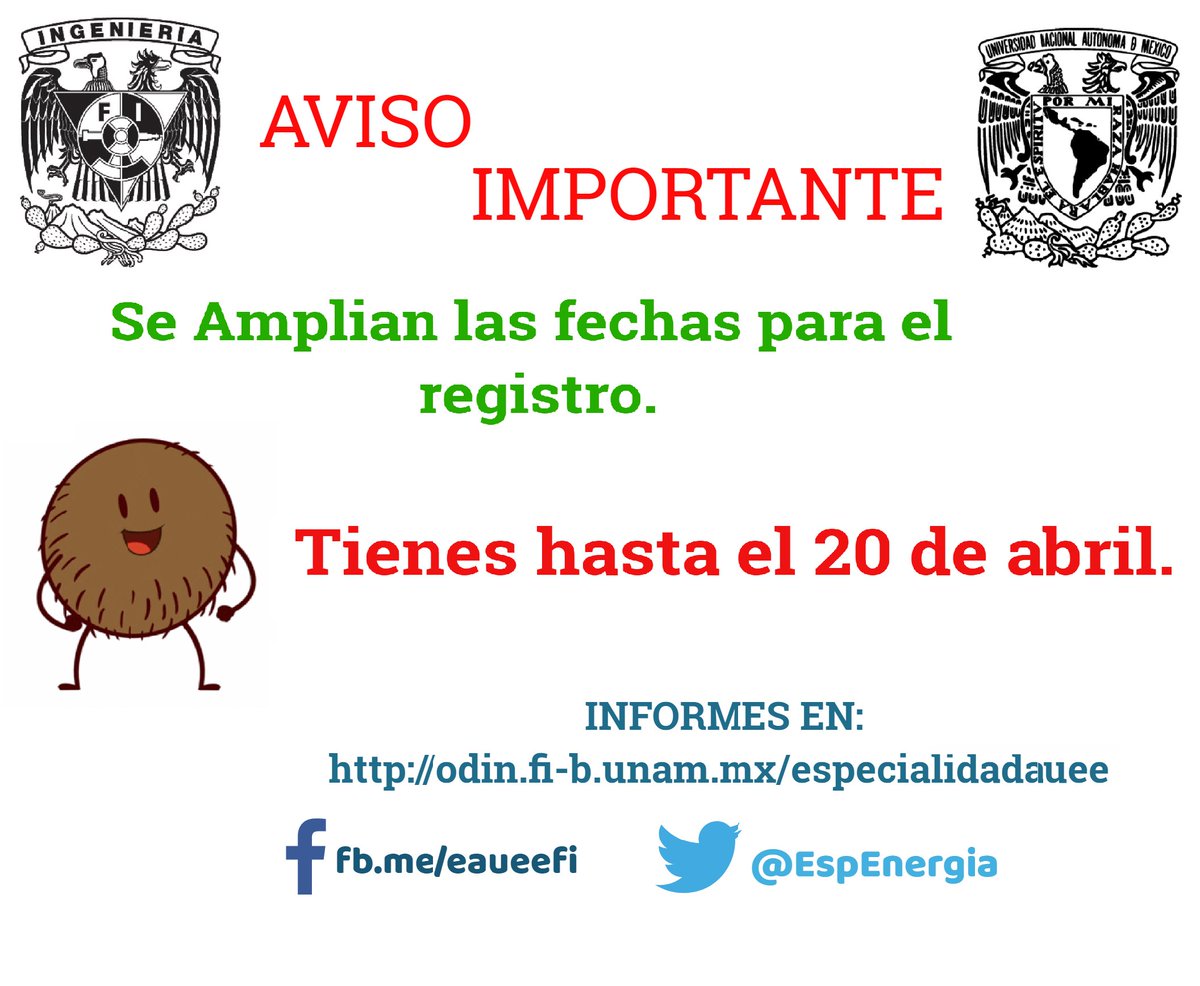 Tienes hasta el día 20 de abril para inscribirte.

Informes en:

Web:
odin.fi-b.unam.mx/especialidadau…

Convocatoria: 
ingenieria.unam.mx/spifi/Convocat…

Facebook: fb.me/eaueefi
