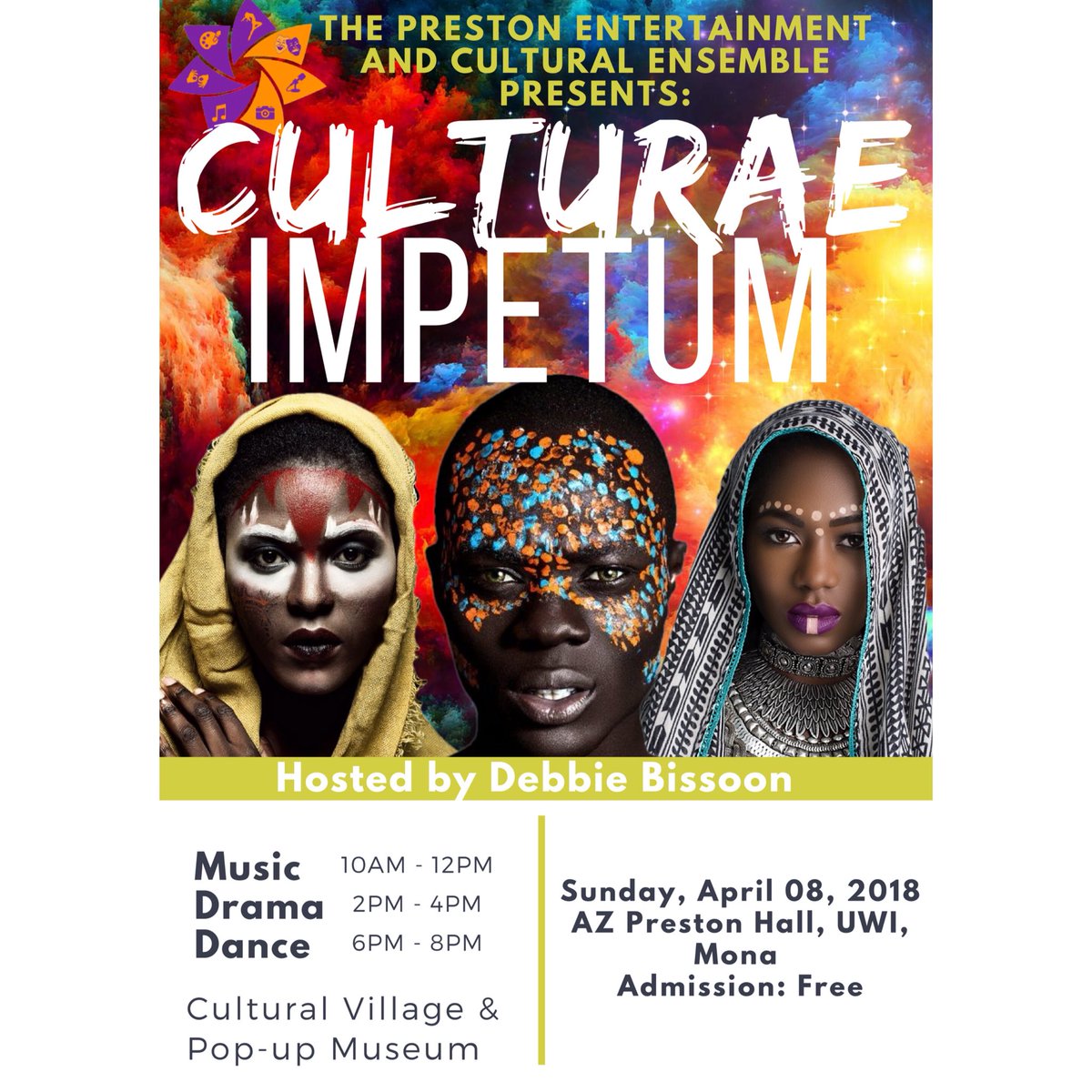 PEACE_Preston's tweet photo. A day of Music, Drama and Dance, along with a Cultural Village and Pop -up Museum, featuring the works of talented young Jamaicans! 

April 8, 2018
Hosted by Debbie Bissoon
Beginning @ 10 AM
AZ Preston Hall, UWI, Mona https://t.co/pJpdIQiziT