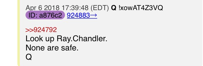 2runtherace's tweet photo. New Q post! 04/06 17:39 An Anon posts a picture of a man with a young girl!  The caption says GM. Q says to look up Ray Chandler and that none (young girls) are safe!! https://t.co/UpdBYcxyzp #QAnin #PedoGate #EpsteinIsland #AprilShowers #AprilThunder @realDonaldTrump https://t.co/h3F8UWgMJu