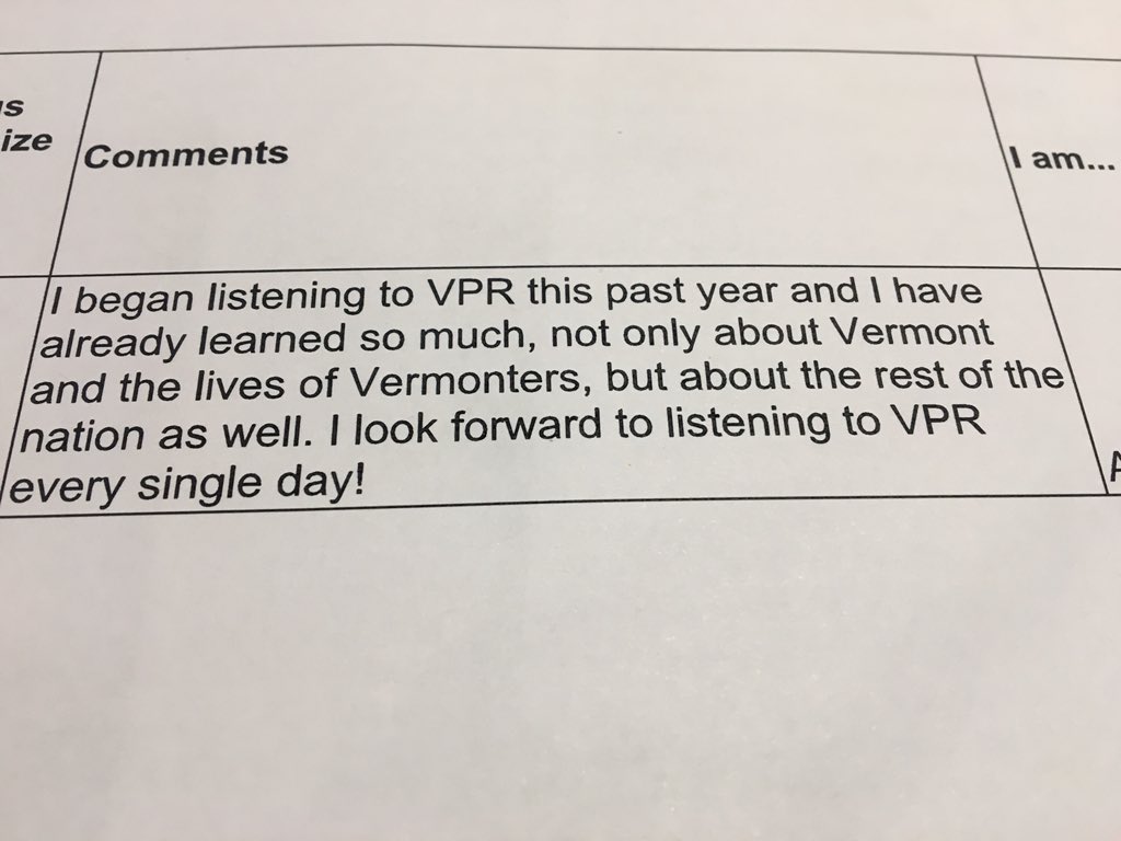 Love this listener comment during the @vprnet membership drive! VPR listeners are the best #pubradiolife