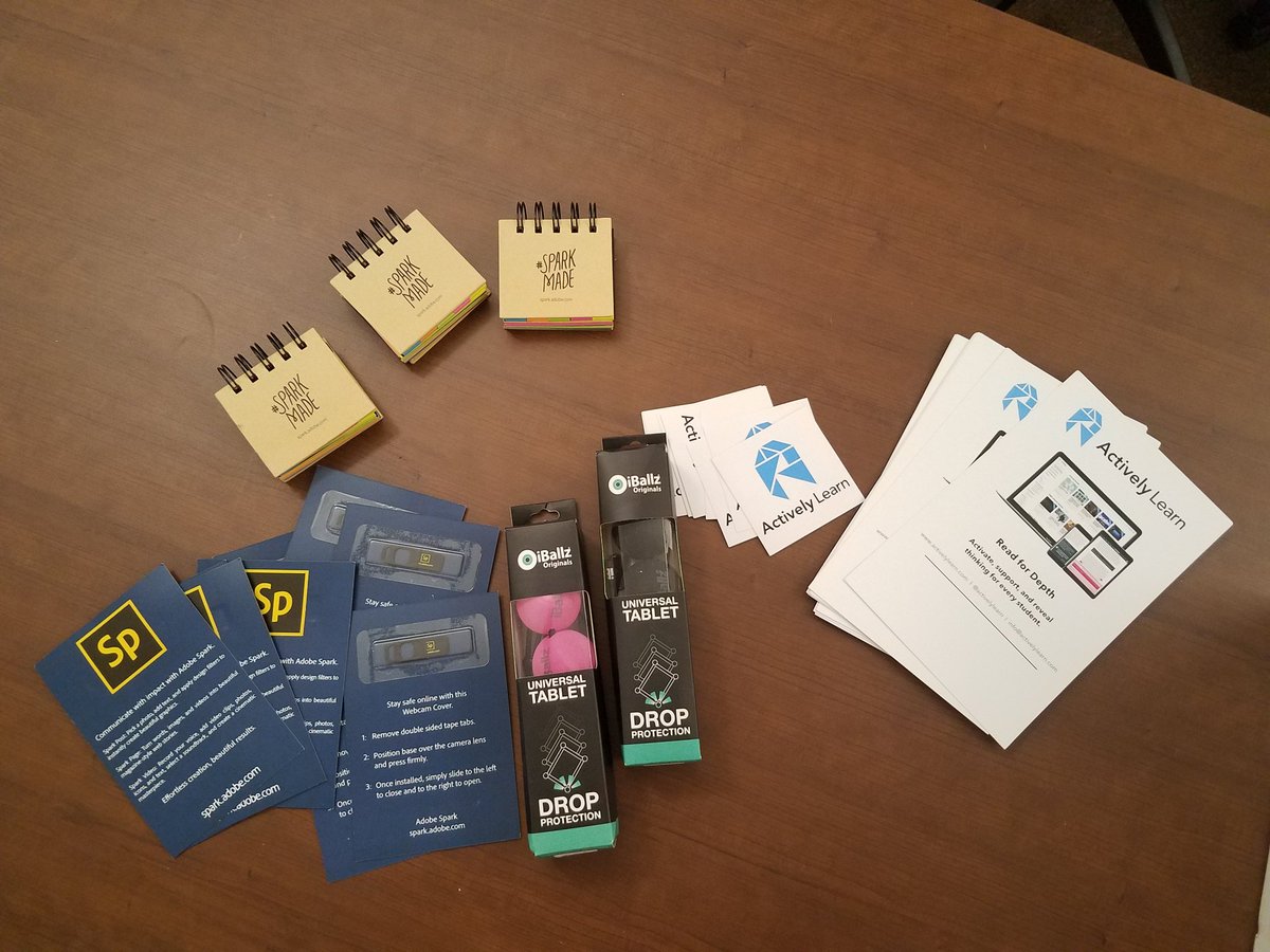 Thank you @activelylearn @AdobeEdu and <a href="/i_ballz/">iBallz</a> for your donations to #edcampscsd we have enough Adope Spark notepads and computer camera covers for everyone who attends! So sign up now at tinyurl.com/edcampscsd #scsdpd #moedchat