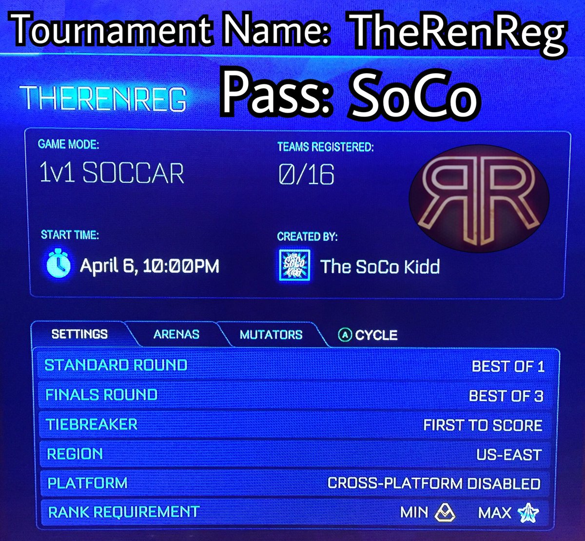 TheRenReg's tweet photo. Want to win a $10 XBL code?! Sign up NOW for our first ever Rocket League 1v1 tournament! Kicks off at 10pm EST! SoCo will be streaming beforehand, so be sure to stop in and say hello! (Xbox ONLY, sorry 😭) https://t.co/cvAyNhcnkd