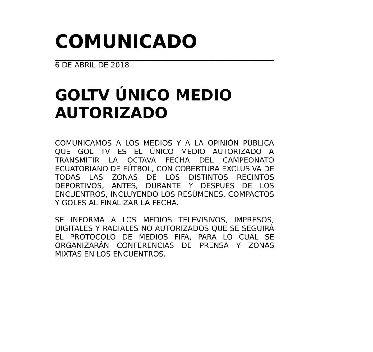 GOLTV Ecuador comunica: