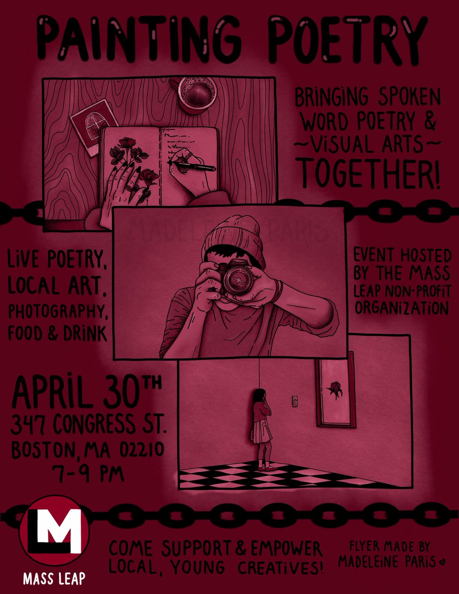 traddymaddie's tweet photo. Flyer done for “Painting Poetry” curated by @MassLEAP on April 30th! Which of the 3 designs is your favorite? Need a flyer made? DM me! 🖤 RTs always very appreciated 🖤 #art #artist #artwork #artisttwitter #flyer #poetry #boston #visualart #massleap #nonprofit #empoweringyouth https://t.co/b6gxDXp2Ji