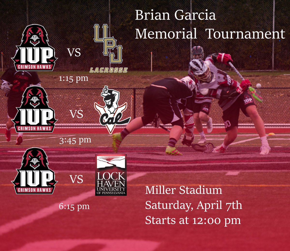 iupmenslax's tweet photo. Annual Brian Garcia Memorial Tournament this weekend!

@upjlax , @CUPlacrosse , and @LHUclublax are all coming out to compete.

Come support IUP Men’s Lacrosse @AsSeenAtIUP @IUPBarstool https://t.co/UR15gl6hXC