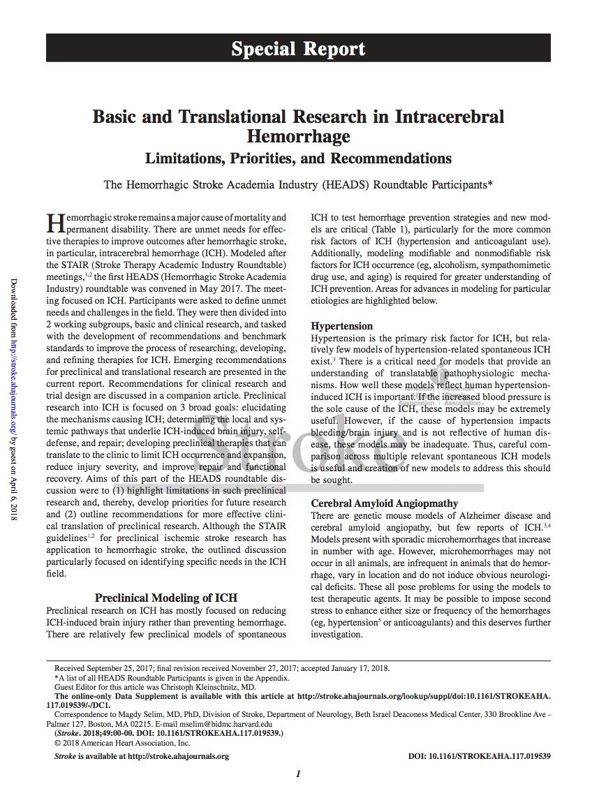 Thrilled to see our publication from HEADS Rountable - World ICH Meeting 2017, online today <a href="/StrokeAHA_ASA/">Stroke AHA/ASA</a>!This important consensus reports on limitations, priorities &amp; recommendations for ICH research/treatment. Honored to participate. <a href="/cvsection/">CV Section</a>