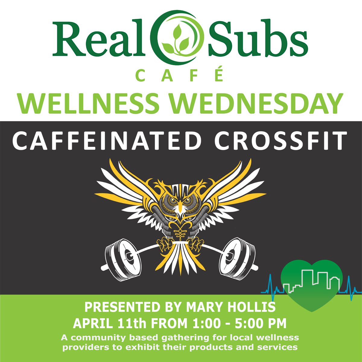 RealSubsCafe's tweet image. We are very excited to have Mary Hollis presenting #CaffeinatedCrossFit at the upcoming #RealWellnessWednesday on April 11th! Get ready to exercise! :)
