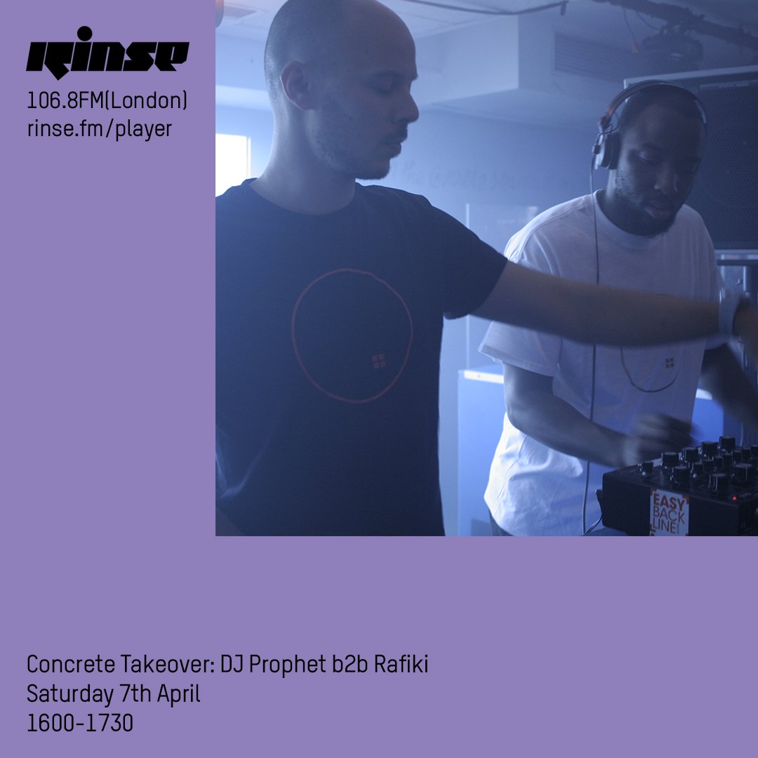 RinseFM's tweet photo. Coming up at 4PM it's #DJProphet b2b #Rafiki on https://t.co/Q0ed1ktSEG &amp; 106.8FM #RinseFM #ConcreteTakeover https://t.co/H7YuYYXq85