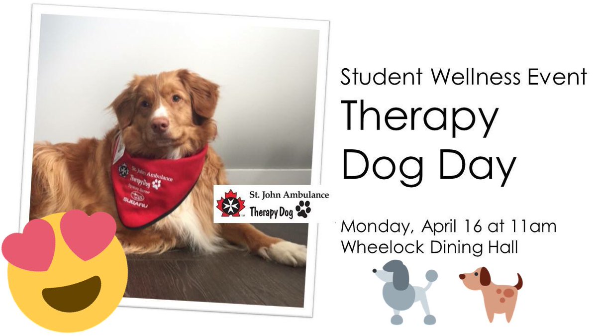 jessloveslocal's tweet photo. We just announced our @acadiau student #wellness event *Therapy Dog Day*! Happening April 16, 11am at @acadiafood (Wheelock Dining Hall quiet room). Everyone welcome! https://t.co/iicCxRRCbX