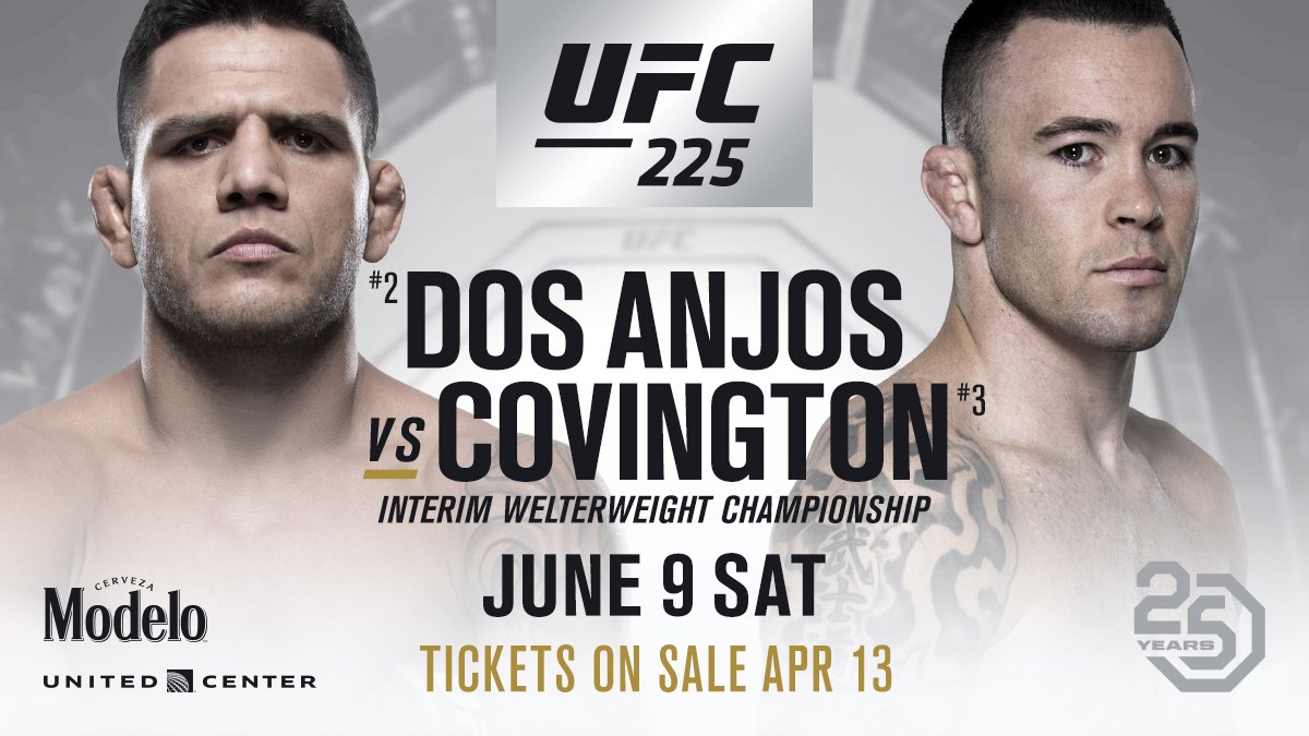 ufc's tweet photo. Your co-main event in Chicago!

@RdosAnjosMMA takes on @ColbyCovMMA for the interim welterweight title at #UFC225 June 9! https://t.co/dcIT5qkK4j