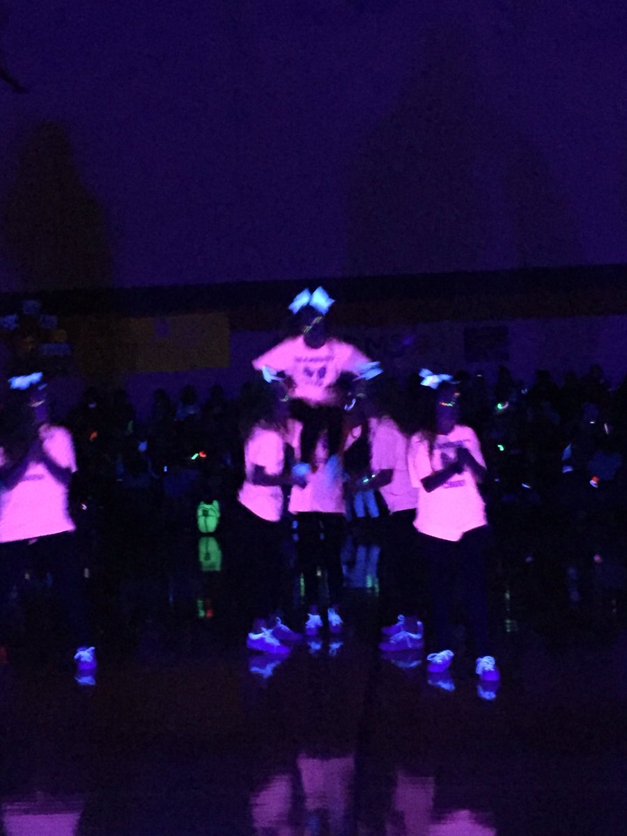 cheer_gms's tweet photo. First black light pep rally at GMS today and it was great.  The kids loved it.  It makes me happy!! @gmspirates @GMS_Kreusel @Mrs_CooperGMS https://t.co/TdyyS0k8MK