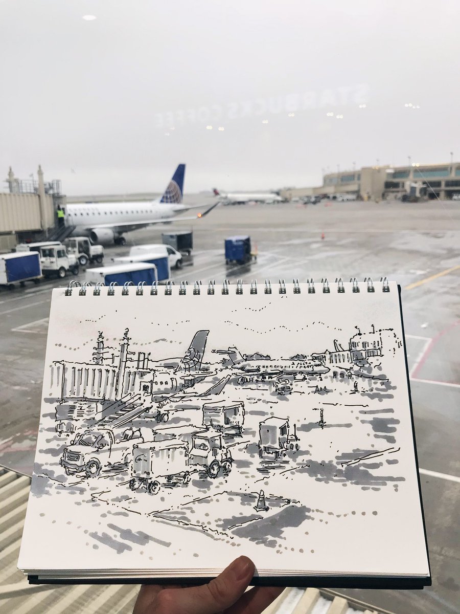 GavinSnider's tweet photo. It's fun to sit in an airport reading a book about a pandemic breaking out on an airplane and killing off most of the world's population. Did that guy next to me just sneeze? Oh well, the book was great and an hour flight delay is a free hour of drawing. #DrawKC #urbansketchers https://t.co/VJf8jov6Tc