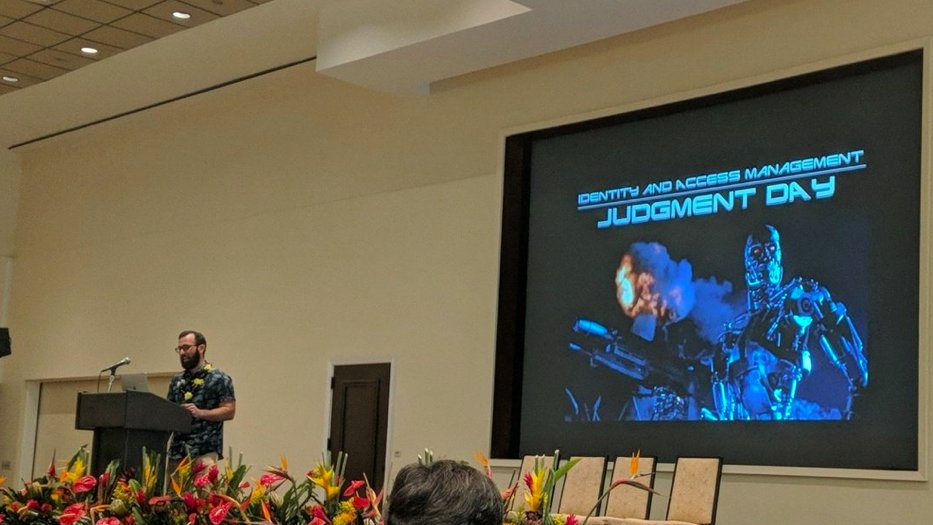 clever's tweet photo. Our Lead Security Engineer @alsmola spoke about Identity and Access Management today at #LocoMocoSec2018. Photo cred: @selenakyle 🙌 https://t.co/0tq5Q3wNZJ