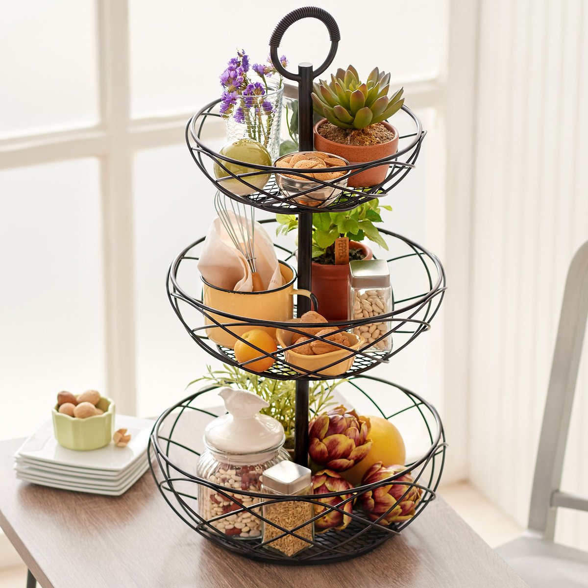 QVC's tweet photo. Tiers of joy, three tiers of baskets that is! Store your important items in this 3-tiered Gourmet Basics by Mikasa basket! You can shop this #QVC2BigDeal, here! > https://t.co/GyQP9Lk2i3 https://t.co/EFXsVsAtiU