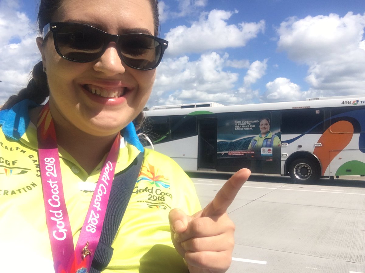 GraceCallan's tweet photo. "Who's that weirdo taking a selfie with the bus?" - everyone at the bus stop 😂📸 #me #spotted #GC2018 #ShareTheDream #gamesshaper #tafequeensland @tafeqld https://t.co/fwhv1SZyWg