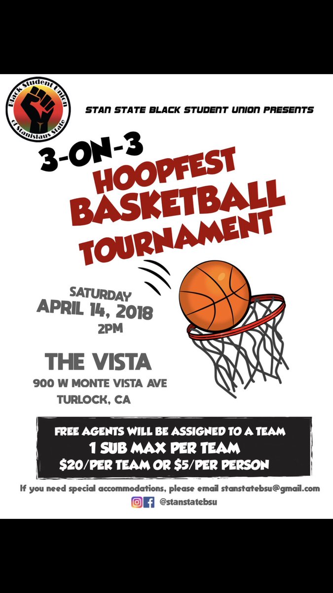 BlackatStan's tweet photo. Interested in playing 3v3 basketball? Get a team together and come out on April 14th! The tournament will take place at The Vista @ 2pm!! First place winner gets a PRIZE! Any and everyone can play! Click the link in our bio to sign up! https://t.co/UpKALosbSH