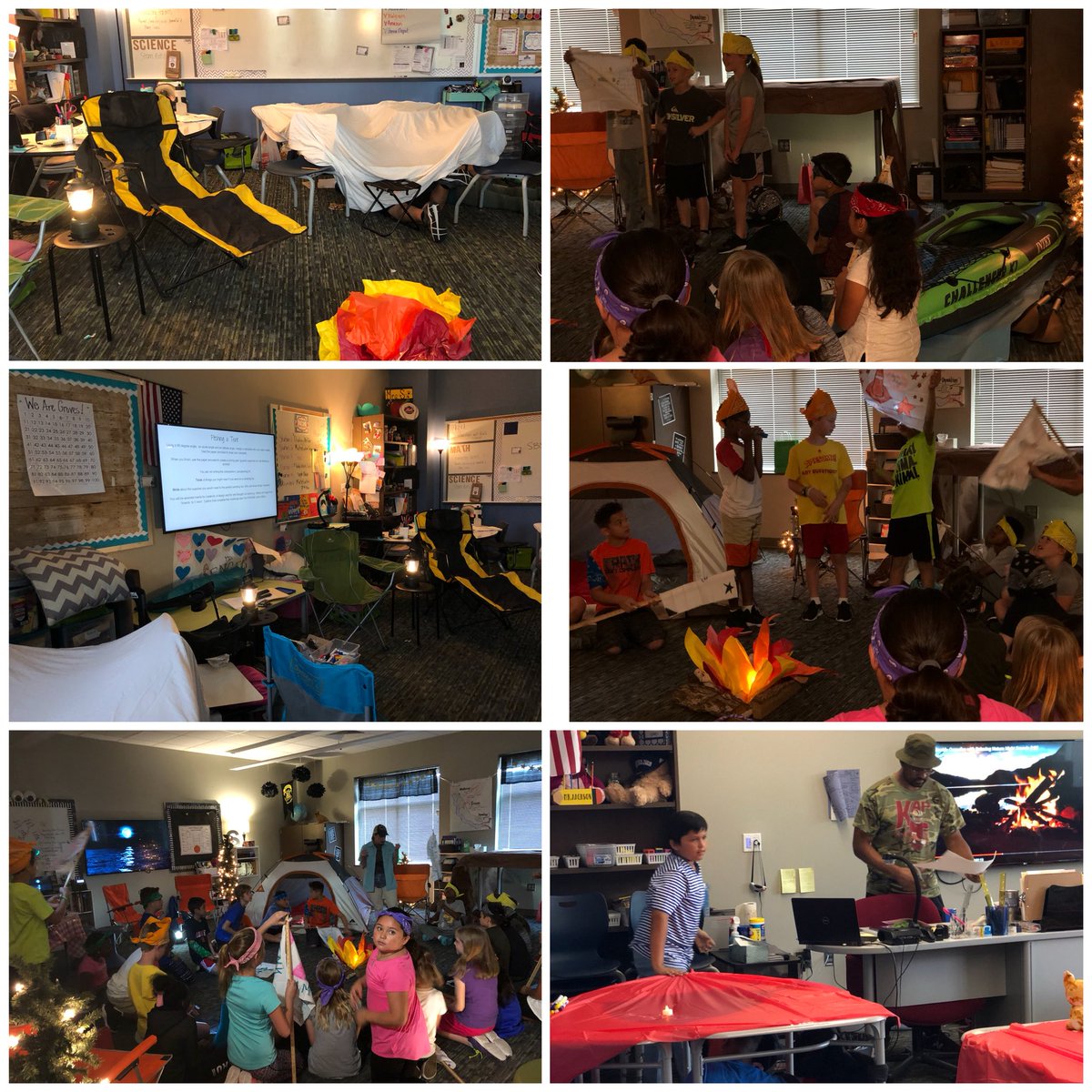 Blnorris05's tweet image. What an incredible day for our 4th graders as their classrooms’ were transformed into camp grounds. All Ss were engaged in learning, had so much fun geocaching, and I loved their chants! #SprinkleOfMagic #AnotherGreatSTAARReview #HappyCampers #WeAreGroves @HumbleISD_GE